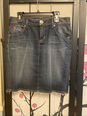 Hudson Jeans Dark Blue Denim Midi Skirt with Raw Hem